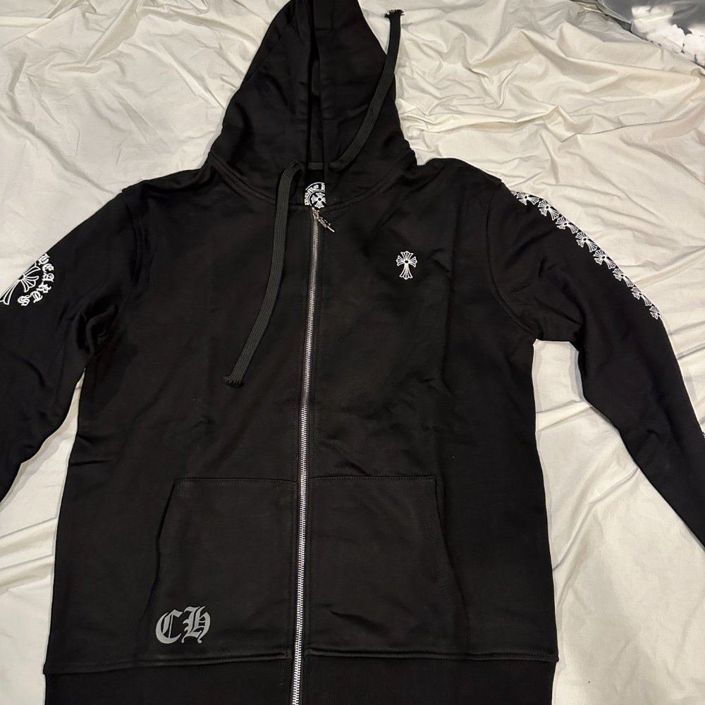 Chrome Hearts Black Horeshoe Cross Sleeve Zip Up Hoodie Size Large